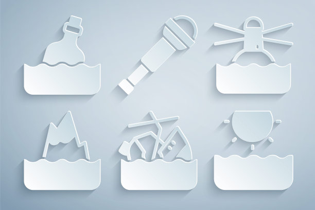 集沉没的游轮，灯塔，冰山，太阳，望远镜镜头和瓶子与消息水的图标。向量图片下载