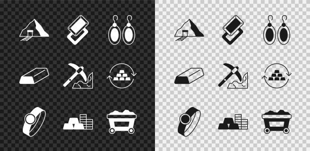 设置金矿，金条，耳环，金币，矿车和采矿图标。向量图片下载