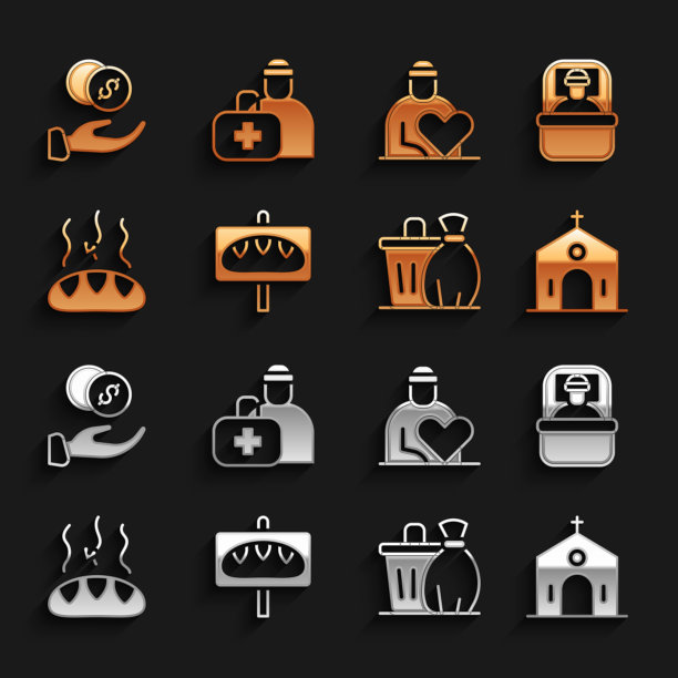 设置捐赠食物，睡袋，教堂建筑，垃圾桶，志愿者，有钱的手和急救箱图标。向量图片下载