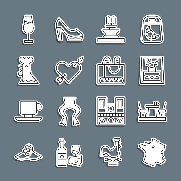 集线地图法国，法国咖啡馆，手袋，喷泉，爱情与心脏箭头，公鸡，酒杯和法棍面包图标。向量图片下载