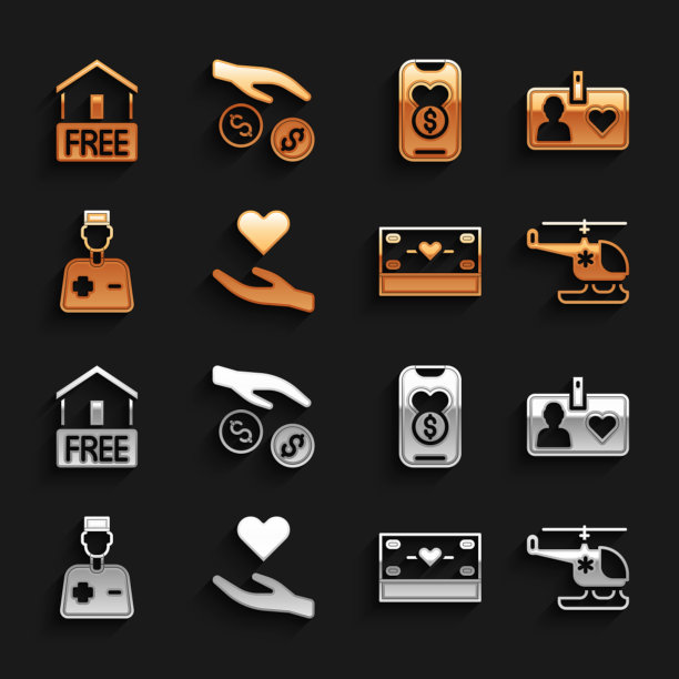 心在手，志愿者身份证或徽章，救援直升机，捐赠慈善，男医生，免费送货上门和图标。向量图片下载