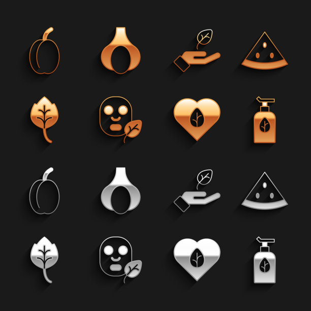 集面部美容面膜，西瓜，有机，素食饮食，叶子或叶子，植物在手，李子水果和大蒜图标。向量图片下载