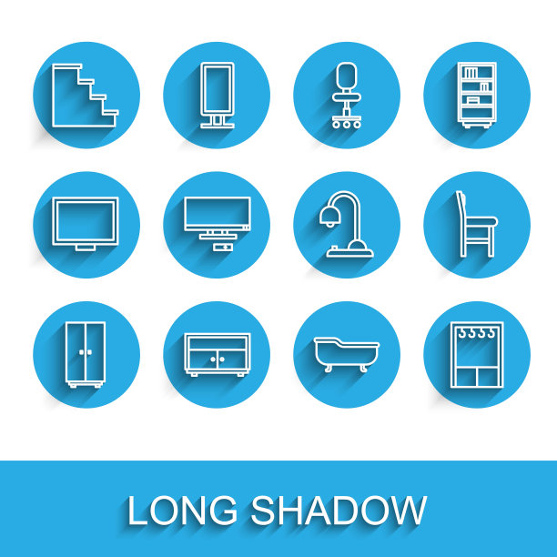 设置线衣柜，抽屉柜，楼梯，浴缸，智能电视，椅子和台灯图标。向量图片下载