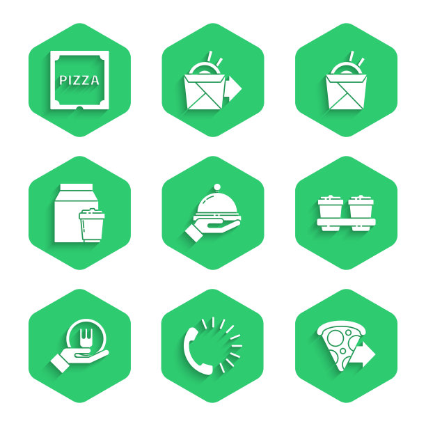 一套覆盖着托盘的食物，食品订购，在线披萨配送，咖啡杯，和，亚洲面条筷子和披萨纸箱图标。向量图片下载