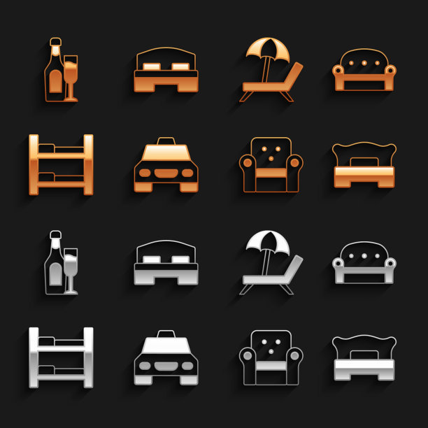 集出租车，沙发，卧室，扶手椅，酒店床，太阳床带伞，香槟酒瓶玻璃和图标。向量图片下载