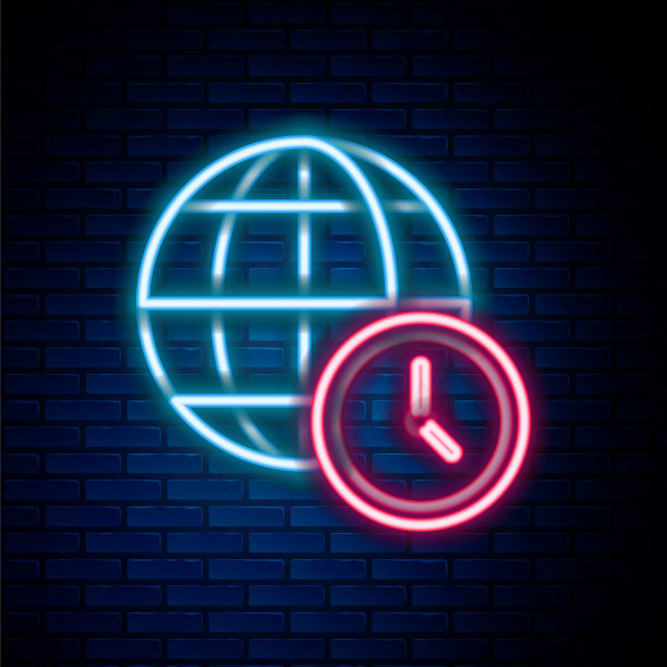 发光的霓虹灯线世界时间图标孤立的砖墙背景。时钟和地球仪。色彩缤纷的轮廓概念。向量图片下载