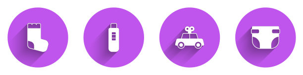 集婴儿袜子，怀孕测试，玩具车和尿布图标长阴影。向量图片下载