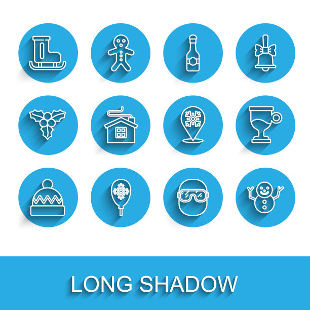 冬季帽子、雪花气球、溜冰鞋、滑雪镜、圣诞节雪人、欢乐小屋、热红酒和雪花图标矢量素材图片下载