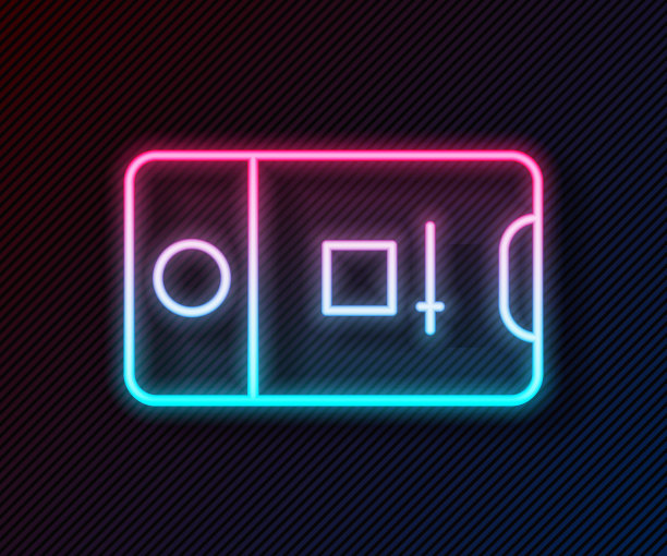 发光的霓虹灯线手机记录框相机图标孤立在黑色背景。移动应用程序。照片和视频拍摄。向量图片下载