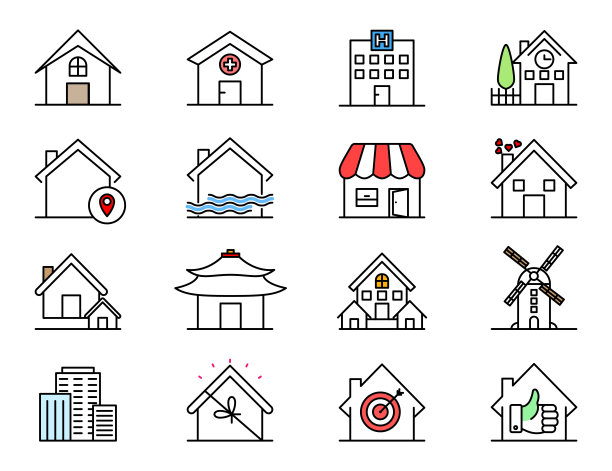 一套彩色的房子和建筑图标。图片下载