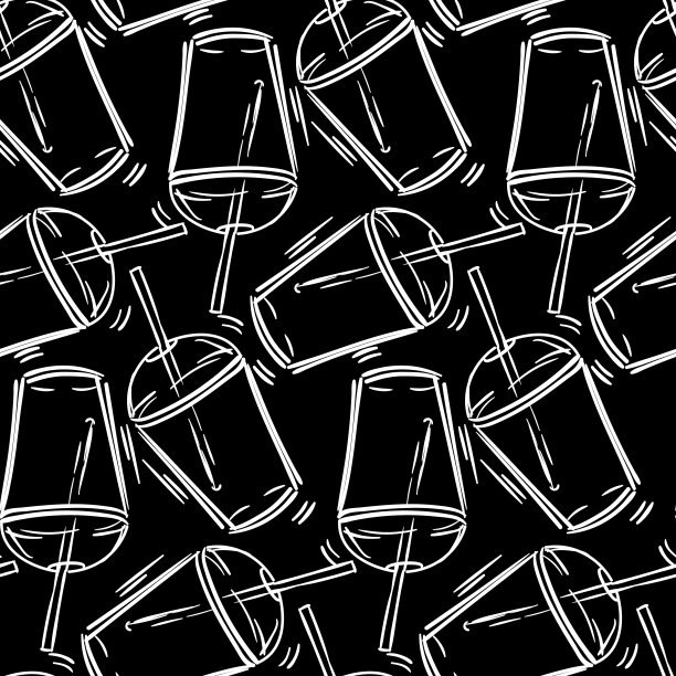 无缝白色图案的杯子轮廓与吸管饮料在黑色背景。一个手绘的空杯子。单色图形。纺织品和纸张印刷的背景图片下载