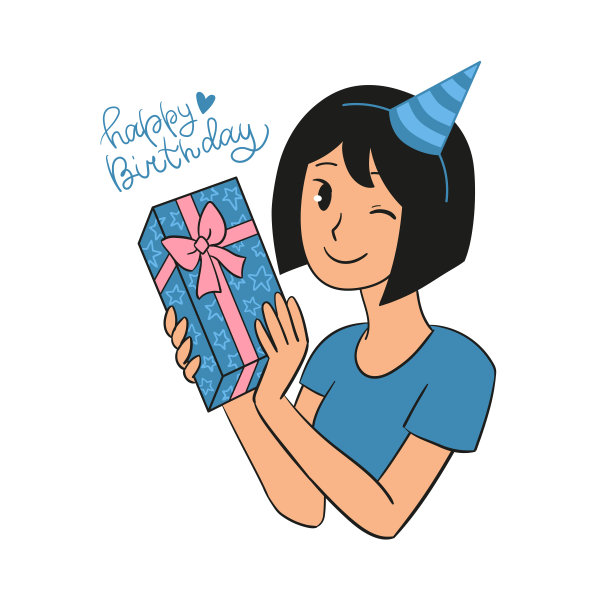 平面矢量插图与亚洲卡通女孩手持礼盒在手中，生日快乐的设计。图片下载