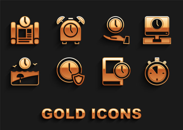 设置时钟与屏蔽，监控时间，秒表，时间为书，假期，项目计划和闹钟图标。向量图片下载