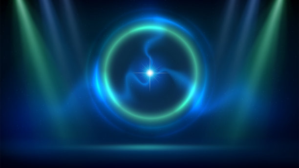 蓝绿色的聚光灯背景。舞台以青蓝色圆形灯光为背景，球状闪电。光荧光环在黑暗的背景。发光的圆。后台显示产品。向量图片下载