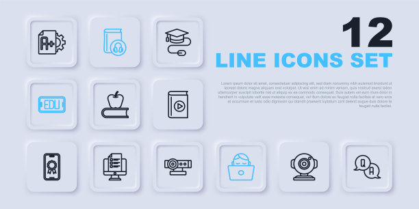 设置线网络摄像头，问题和答案，Book with apple，学生在笔记本电脑上工作，在线教育，测验，测试，调查，有声书和图标。向量图片下载