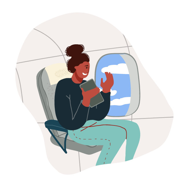 旅客乘飞机旅行。飞机机舱的场景。一位黑人妇女高兴地望着窗外，手里拿着电话。平面矢量插图。图片下载