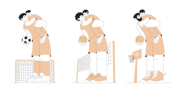 运动家庭，兄弟同球。游戏矢量插图在平面风格与轮廓。线的艺术。隔离模板与足球门，排球网，篮球圈。父亲骑在儿子背上图片下载