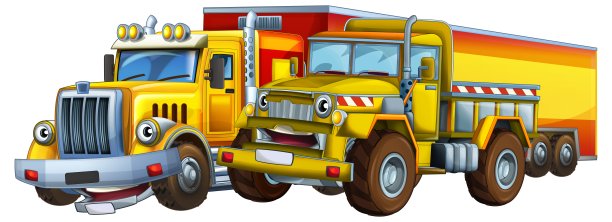 重型货车和混凝土搅拌机在一起聊天的卡通场景，是孩子们快乐的插画图片下载