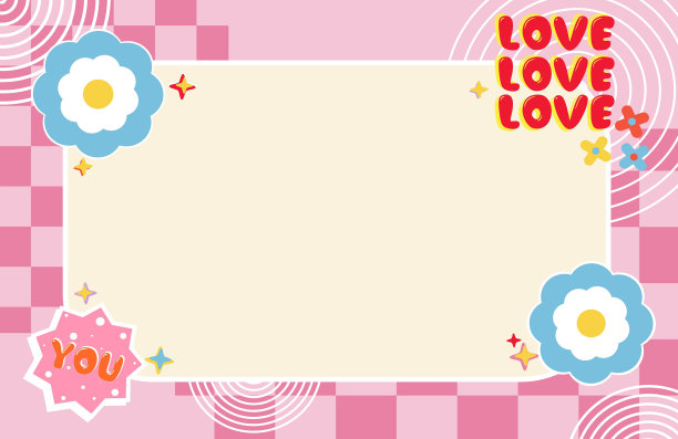 横幅与框架制成的花朵，复古的爱情贴纸在几何图案粉红色的背景图片下载