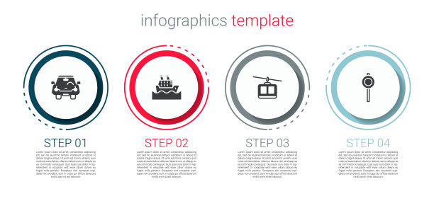 设置汽车、游船、缆车、道路交通指示牌。业务信息图表模板。向量图片下载