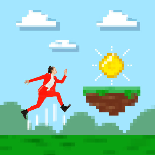 当代艺术拼贴。实现目标。穿着红色官服的年轻女士看起来像游戏角色，在像素世界中快速奔跑。图片下载