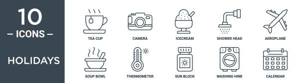 假日概要图标集包括细线茶杯，相机，冰淇淋，淋浴头，飞机，汤碗，温度计图标报告，演示，图表，网页设计图片下载
