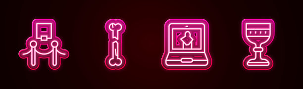 设置线图片和绳屏障，人类骨折，在线博物馆和中世纪高脚杯。发光的霓虹灯图标。向量图片下载