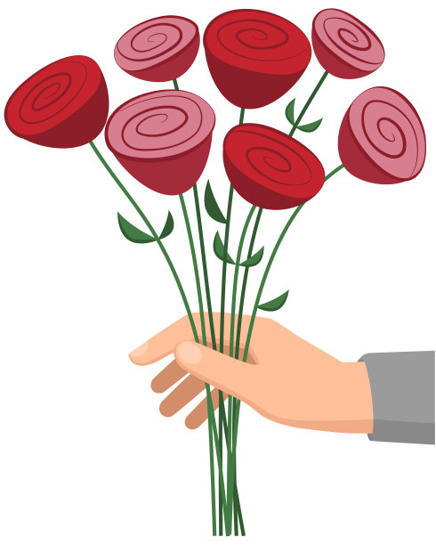 矢量玫瑰花束是由一个男人的手在一个扁平的风格。图片下载