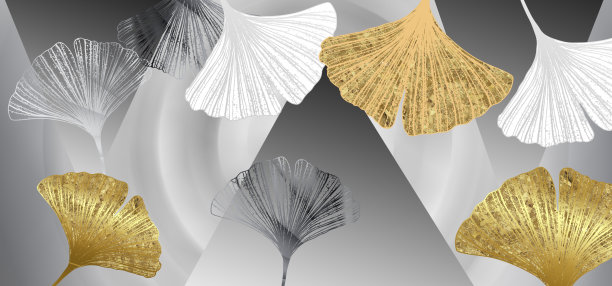 3d经典壁纸艺术品。金色的银杏叶和羽毛黑色、白色和灰色的背景用于卧室装饰图片下载