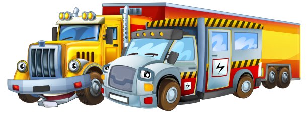 重型货车和混凝土搅拌机在一起聊天的卡通场景，是孩子们快乐的插画图片下载