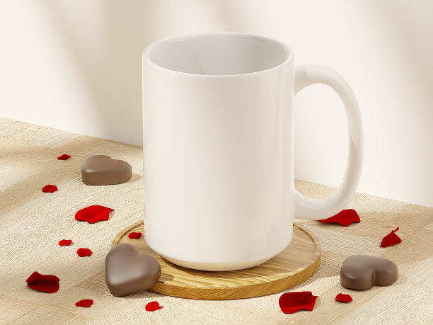 15盎司白色马克杯，木质表面，红色花瓣，巧克力和柔和的窗户阴影图片下载