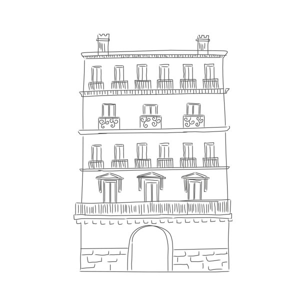 老房子用拱门和阳台装饰，轮廓单色素描图片下载