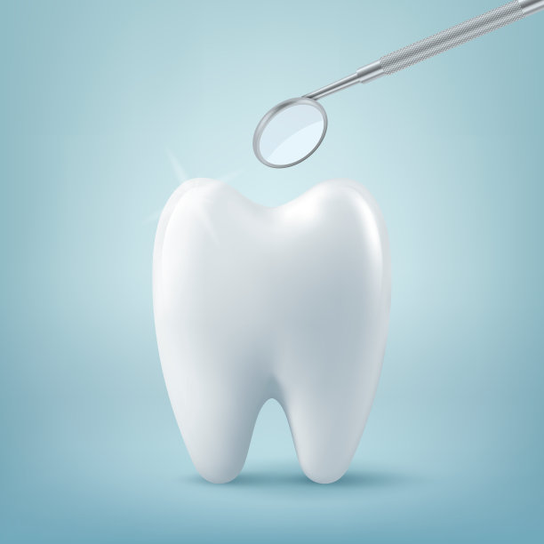 矢量3d逼真的牙齿与牙齿镜在蓝色背景上的特写。医学牙医工具。设计模板，剪贴画，模型。牙科，医疗保健，卫生，牙齿护理和健康的概念图片下载