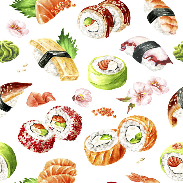 日本寿司，手绘水彩无缝图案，孤立在白色背景上图片下载