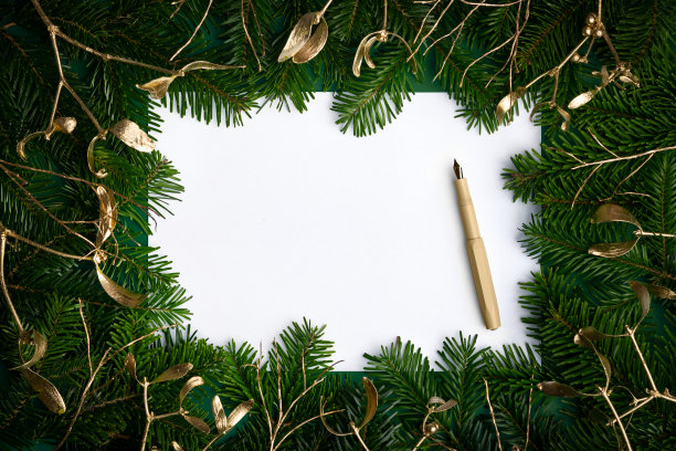 节日的圣诞假期背景与文字的复制空间。用冷杉树枝和槲寄生做成的装饰框架，用金笔随时准备写字。平铺照片。图片下载
