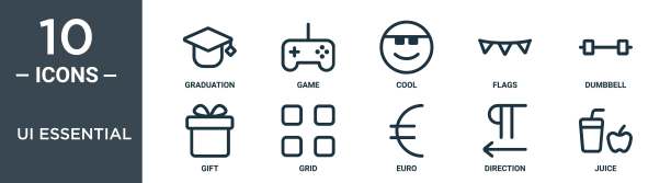UI基本轮廓图标集包括细线毕业，游戏，酷，旗帜，哑铃，礼物，网格图标的报告，演示，图表，网页设计图片下载