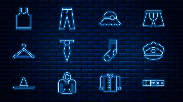 套线皮带，警帽帽檐，优雅的妇女帽，领带，衣架衣橱，无袖t恤，袜子和裤子图标。向量图片下载