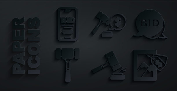 设置拍卖锤，出价，绘画，价格和在线拍卖图标。向量图片下载