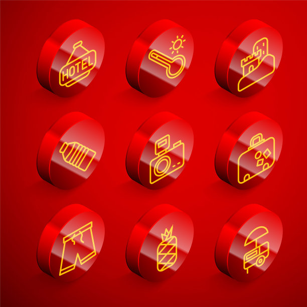 设置线招牌文字酒店，气象温度计，沙城堡，瓶装水，照相机闪光灯，手提箱，游泳裤和菠萝图标。向量图片下载