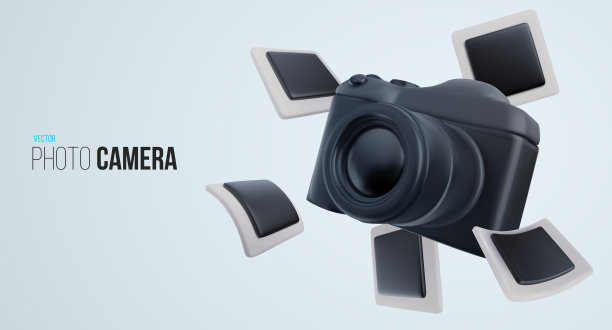 现实的时尚相机与飞行照片在明亮的卡通3d风格。可爱的现代最小矢量插图。创造性的艺术构图作为背景。图片下载