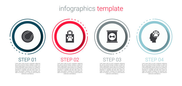 设置网球，购物袋宠物，罐头食品和人与动物的足迹。业务信息图表模板。向量图片下载