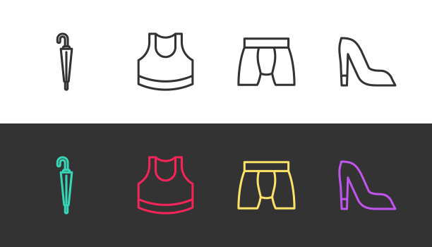 套装线伞，女露脐上衣，男内裤和女鞋黑色和白色。向量图片下载