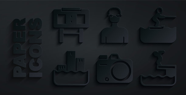 集照片相机，滑水男子，冠军领奖台，游泳运动员潜入游泳池，和运动机械记分牌图标。向量图片下载