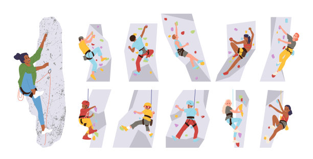 在室内健身房，男女卡通人物爬上训练人造石山墙图片下载
