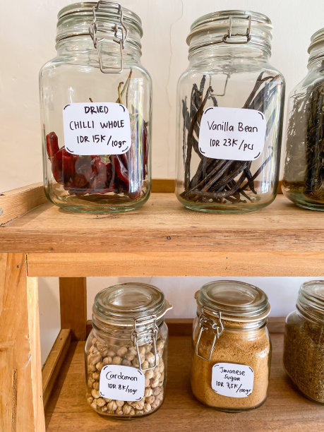 干辣椒、香草豆、小豆蔻、爪哇糖装在透明的玻璃罐中出售。日用品店，出售各种调味品、配料、调味料、干香草和香料。图片下载