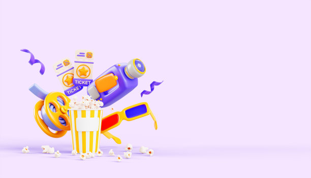 电影院海报模板与电影票，3d眼镜，爆米花桶，摄像机，电影卷轴和飞五彩纸屑，彩色背景与广告，演示的空白空间图片下载