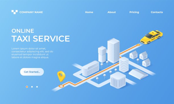 等距滑行着陆页。在线服务app中的城市地图。汽车在高速公路上行驶。出租车路线。城市建筑。目的地销。预订网站界面。矢量网页设计模板图片下载