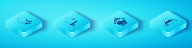 集等距厨师帽，烤箱手套，厨房提取风扇和烹饪锅图标。向量图片下载