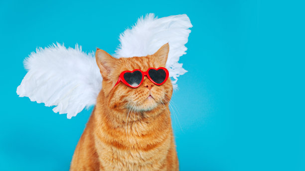 天使丘比特生姜英国猫与太阳镜和天使翅膀在蓝色背景。情人节横幅图片下载