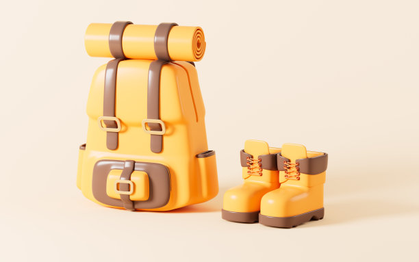 卡通徒步包和徒步靴，3d渲染。图片下载